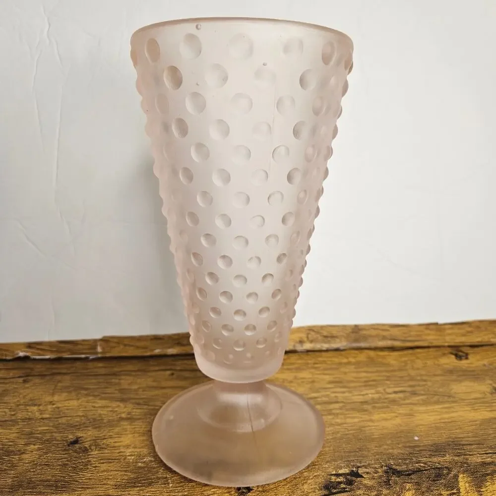 VTG Pink Frosted Hobnail Glass Flower vase 8in